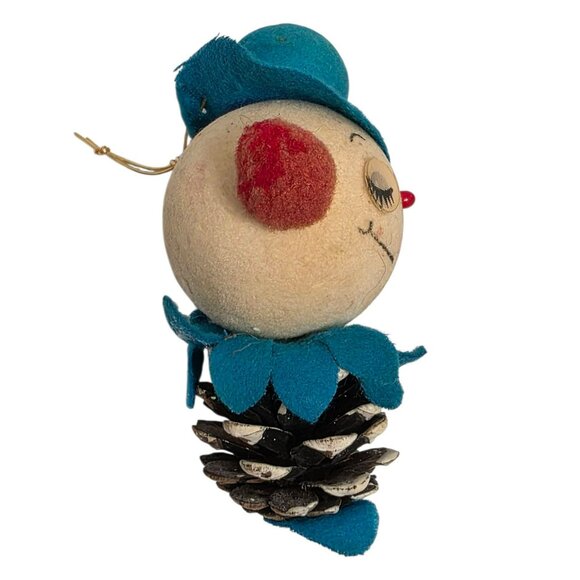 VTG Pinecone Snowman Ornament Winking Eyes Blue Hat Japan Christmas Clown MCM - Picture 6 of 9